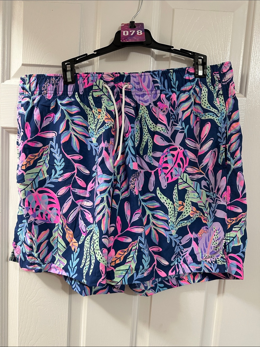 Lilly Pulitzer Navy Swim Trunks with Pink & Mint Tropical Leaf Print